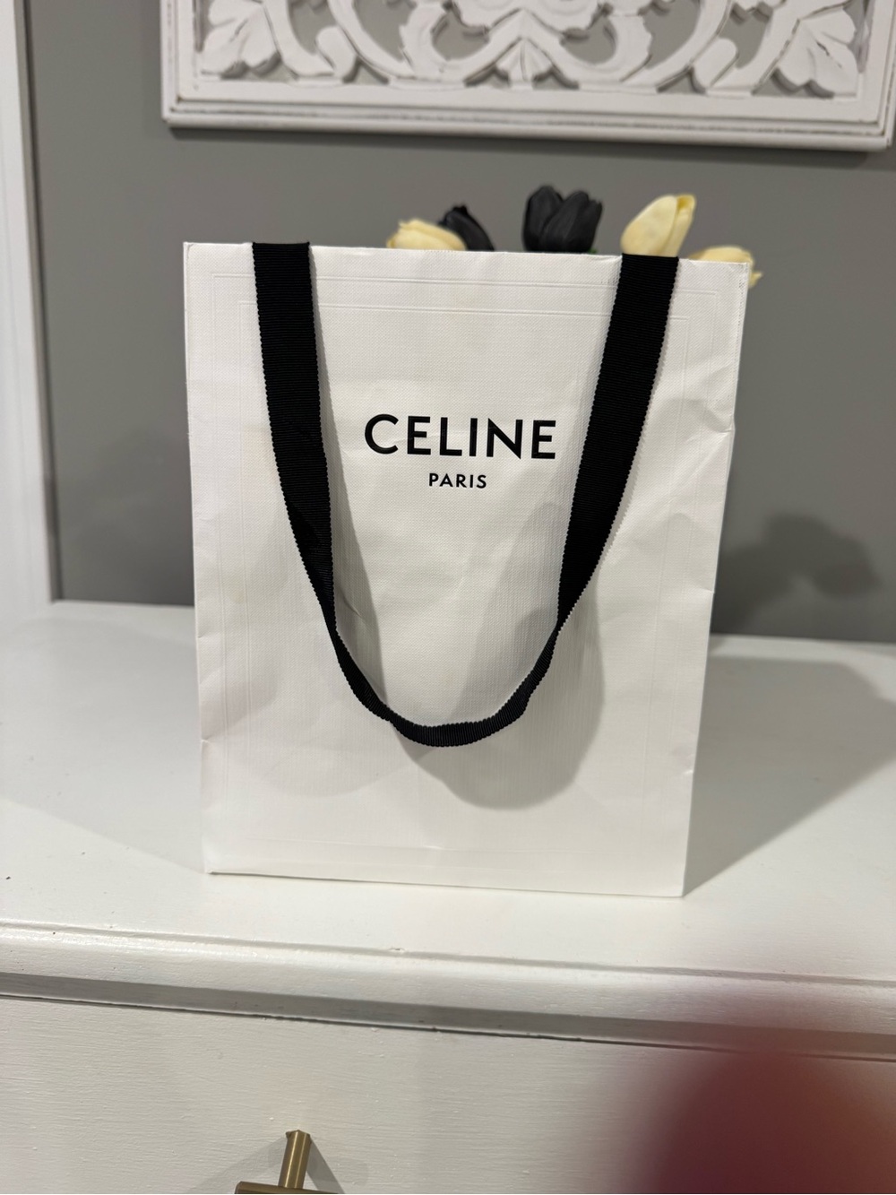 Celine White Canvas Tote with Black Straps